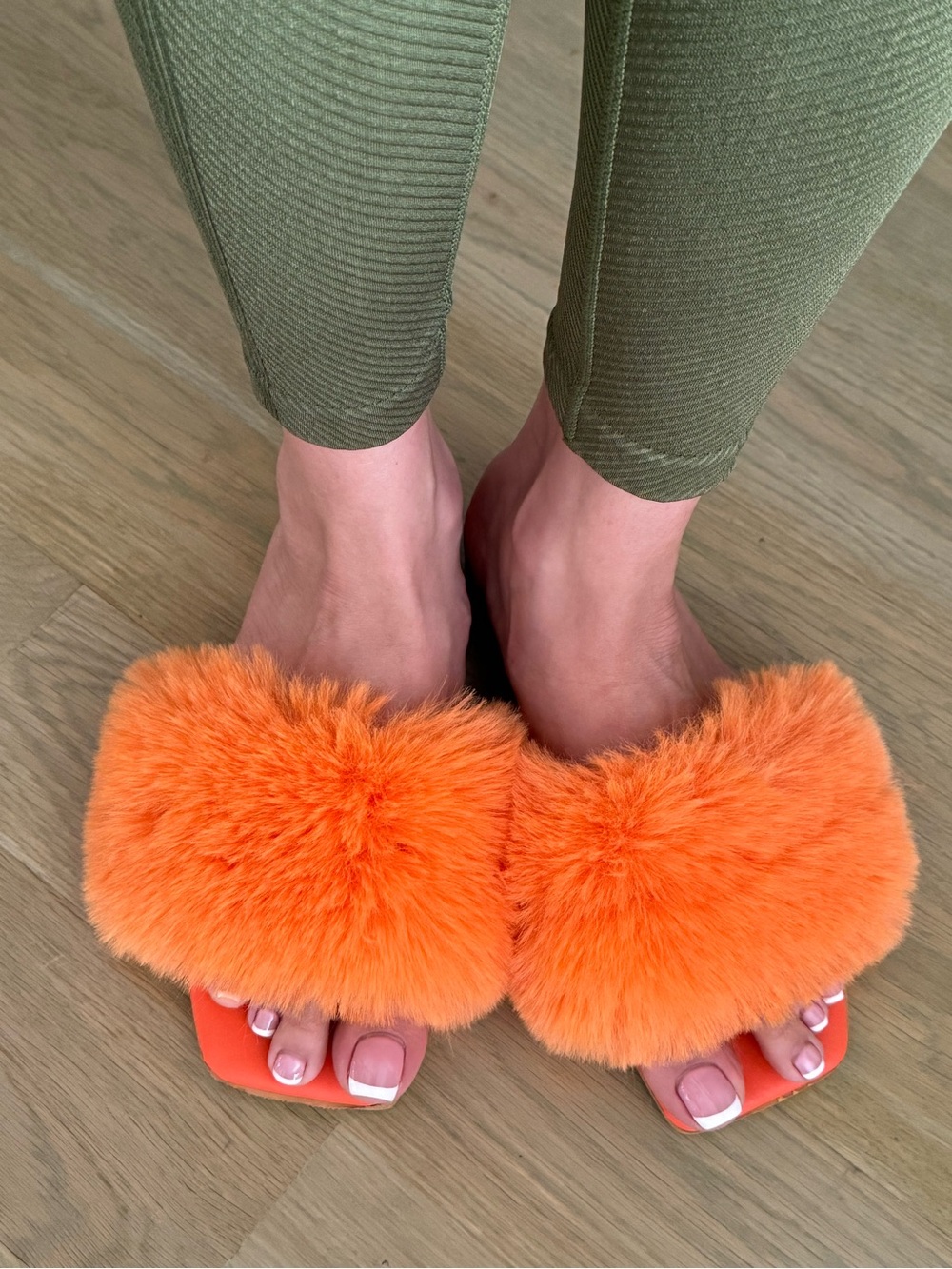 Plush Faux-Fur Orange Slide Sandals for Women